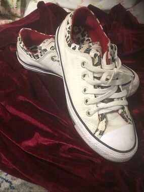 Converse White Low-Top Sneakers with Leopard Trim and Red Lining
